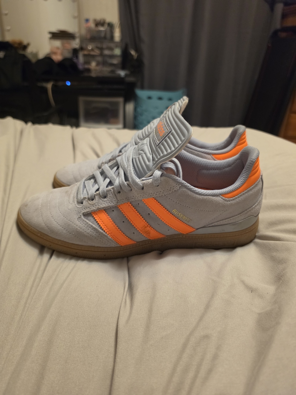 adidas Grey Suede Busenitz Sneakers with Orange Stripes